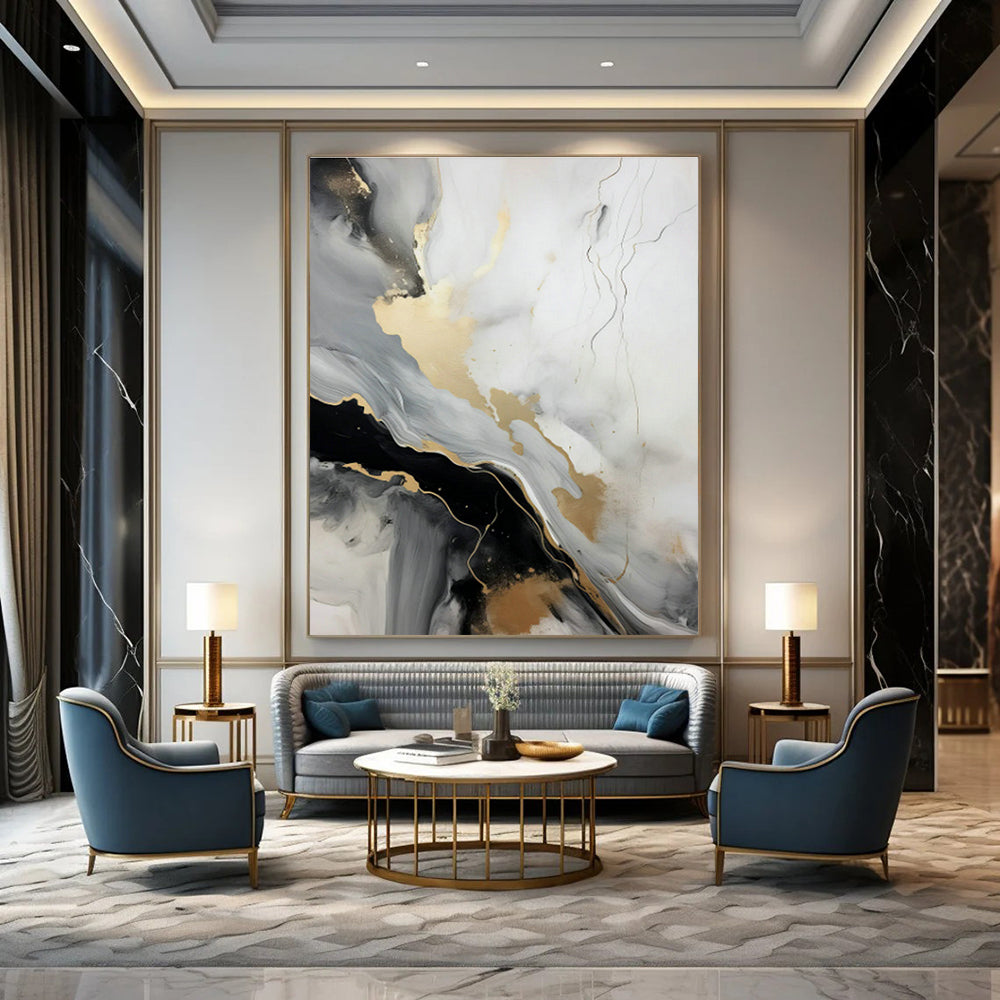 Gold - Gray Ink Abstract Art for Luxury Penthouse & High - End Boutique DLZ0728