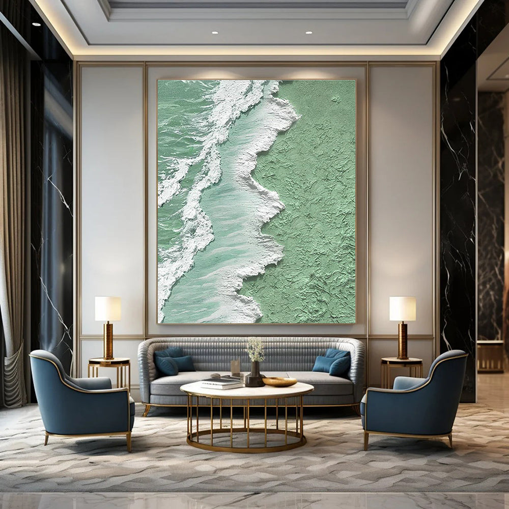 Green and White Textured Coastline Art for Beach House Decor & Eco - Friendly Art Space DLZ2205