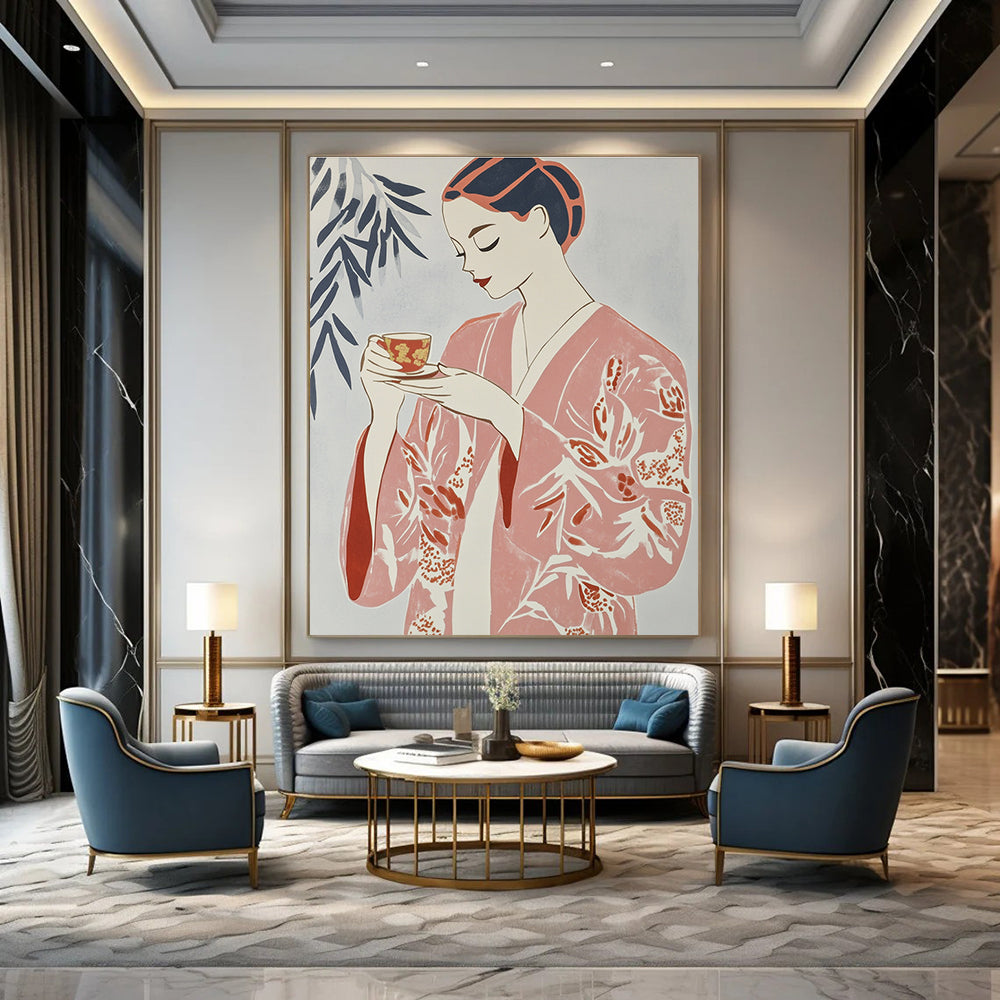 Woman in Pink Kimono Art for Japanese - Inspired Tea House & Minimalist Living Room STSC1314