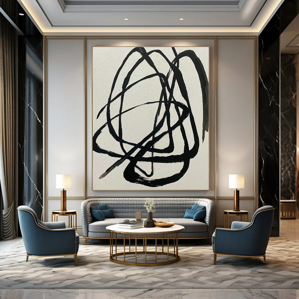 Black - White Tangled Lines Abstract Art for Modern Office & Art Studio DLZ2020