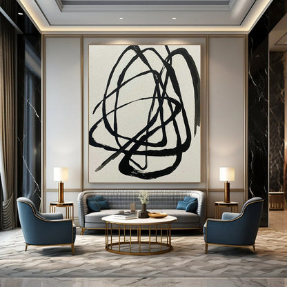 Black - White Tangled Lines Abstract Art for Modern Office & Art Studio DLZ2020