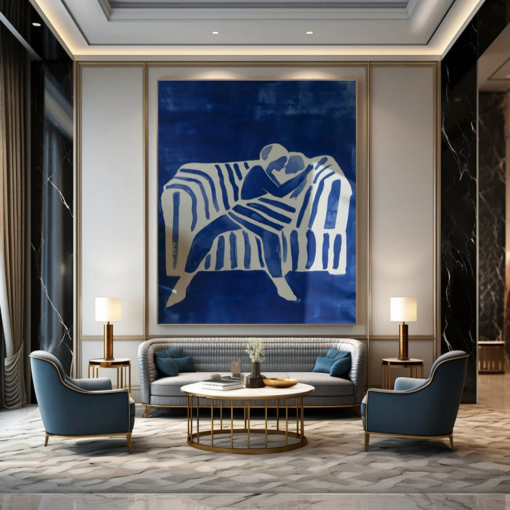 Blue - Toned Couple on Sofa Art for Romantic Living Room & Intimate Hotel Suite DLZ0692