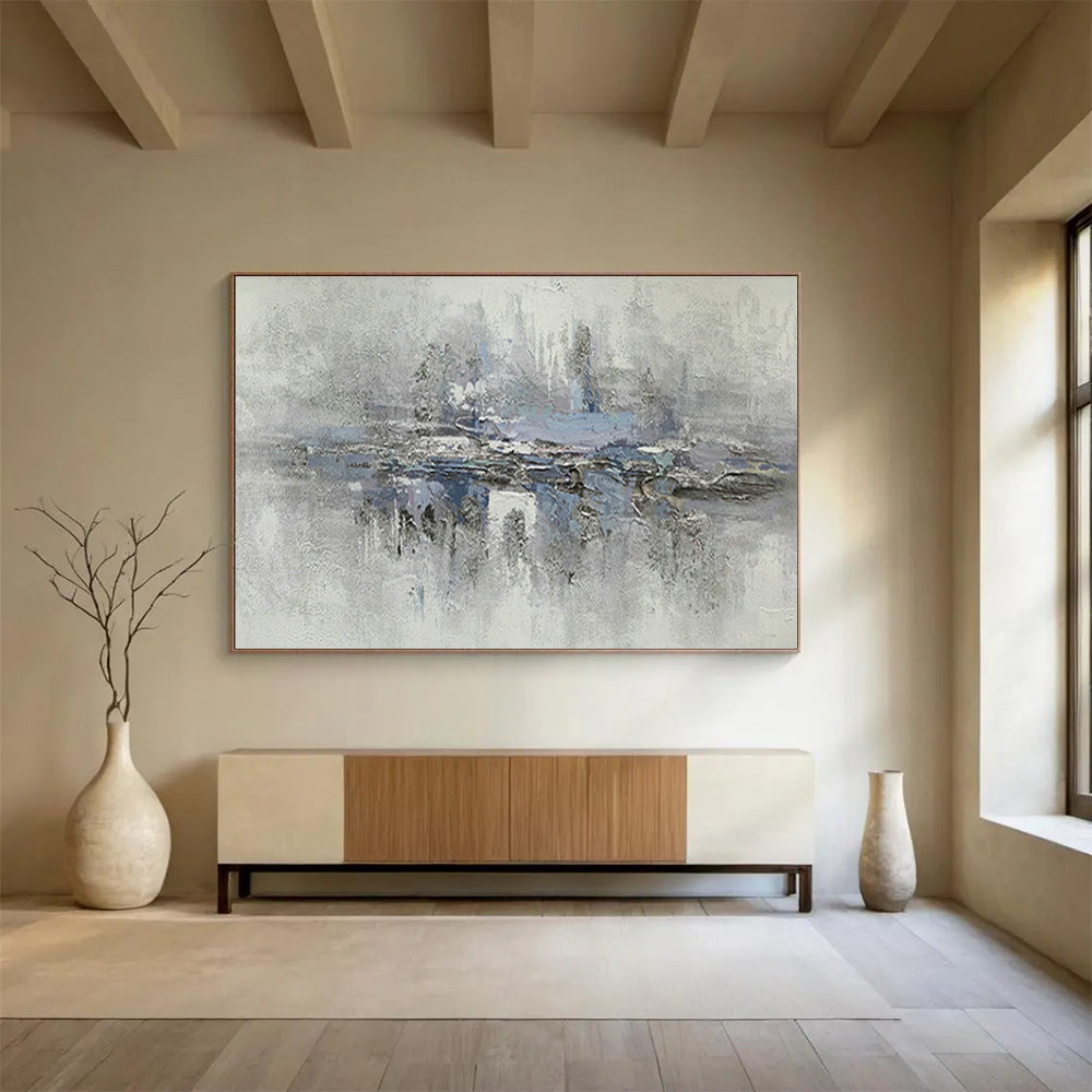 Grey - Blue Lakeside Landscape Art for Serene Living Room DLZ2733