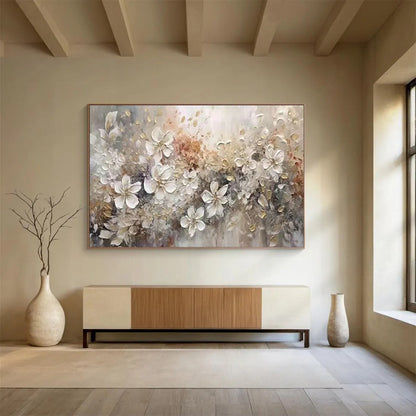 White - Gold Floral Oil Painting for Elegant Bedroom Wall Decor DLZ2643