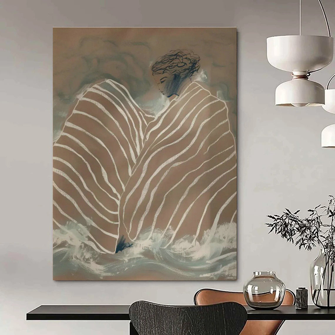 Striped - Cloth Figure in Waves Art for Boho Beach House & Wellness Studio DLZ0684