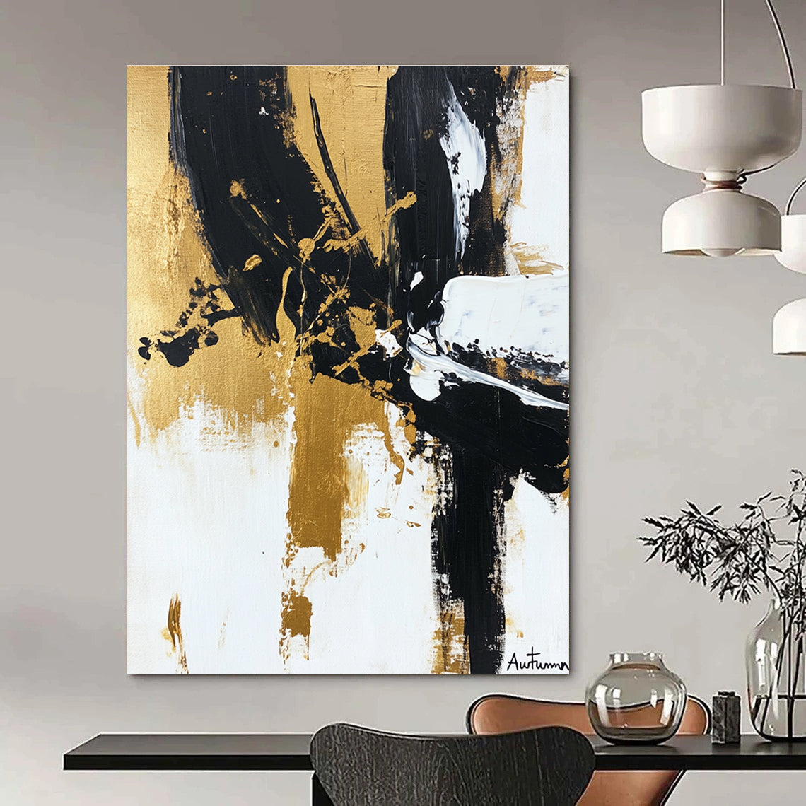Black, Gold, and White Abstract Art for Luxury Home Dining Room & High - End Art Gallery STSC1066