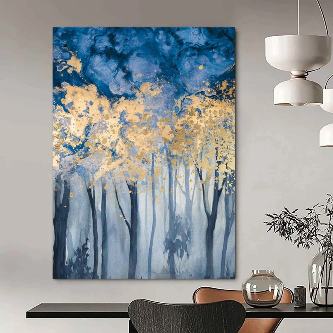 Golden - Blue Forest Art for Luxury Ski Lodge & Asian - Inspired Tea House DLZ0943
