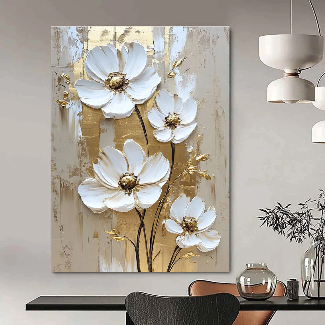Gold - Accented White Flowers for Opulent Bedroom & Luxury Hotel Suite STSC510