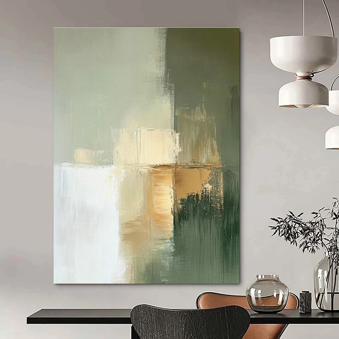 Light Green - Gold Abstract Art for Modern Office Lounge & Scandinavian Bedroom DLZ1650