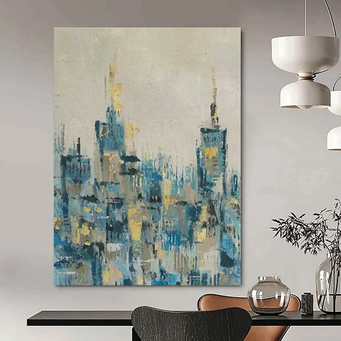 Blue - Gold Cityscape Abstract Art for Urban - Themed Bar & Metropolitan Home DLZ0778
