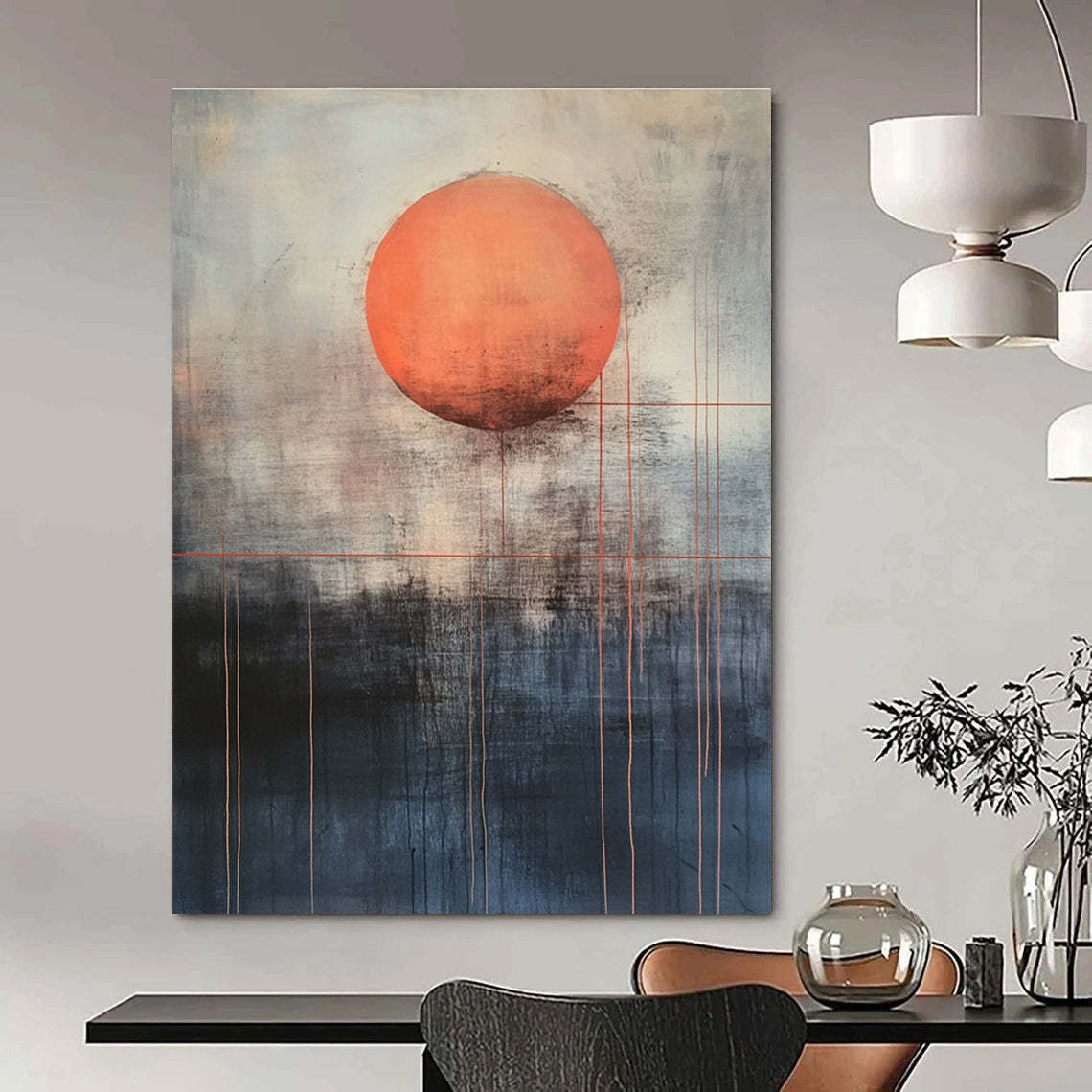 Orange Sun with Red Lines for Abstract Art Gallery & Contemporary Living Room STSC1138