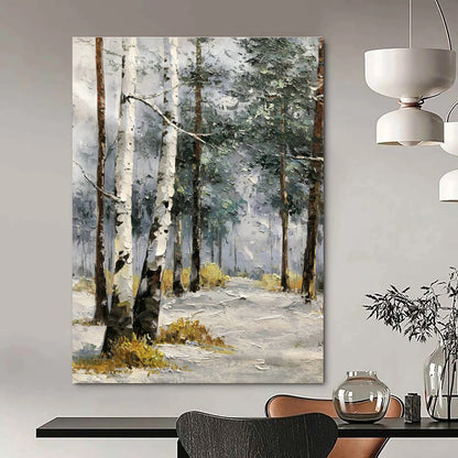Snowy Birch Forest Oil Painting for Chalet Bedroom & Winter Retreat Lounge DLZ1290