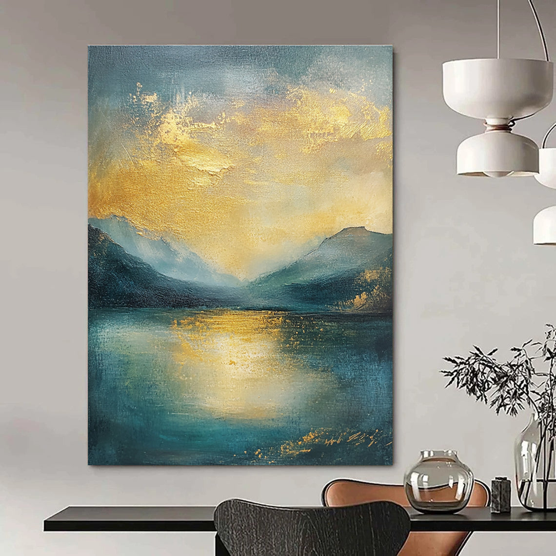 Golden Mountain Lake Art for Living Room & Hotel Lobby STSC081