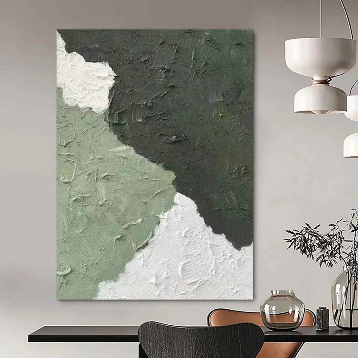 Green - White Textured Abstract Art for Bohemian Living Room & Plant - Filled Café DLZ1333