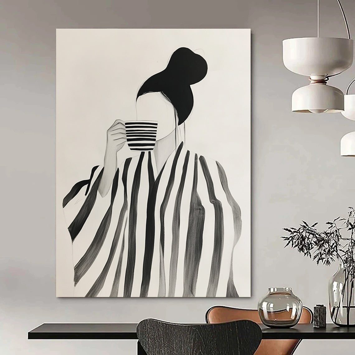 Woman with Striped Robe and Cup Art for Fashion - Forward Boutique & Cozy Reading Nook STSC1344