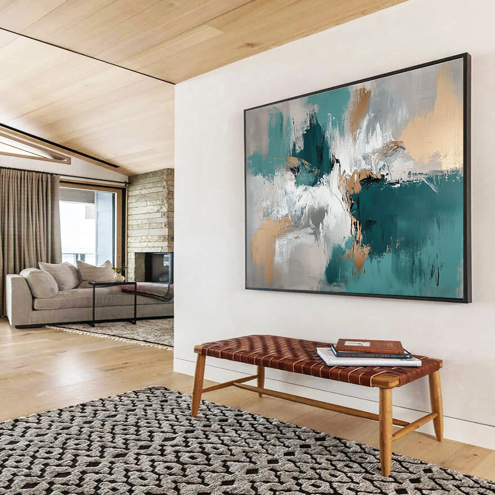 Teal - Gold Abstract Fusion Art for Luxury Hotel Ballroom & Upscale Home Dining Room SC243