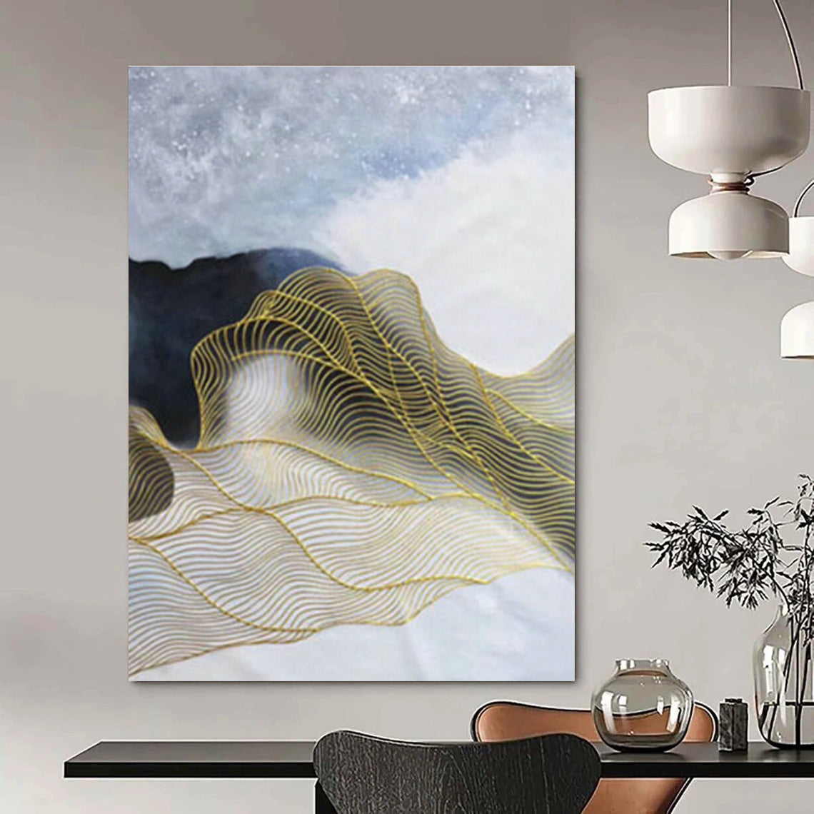 White - Blue with Gold Waves Abstract for Spa & Luxury Home DLZ0574