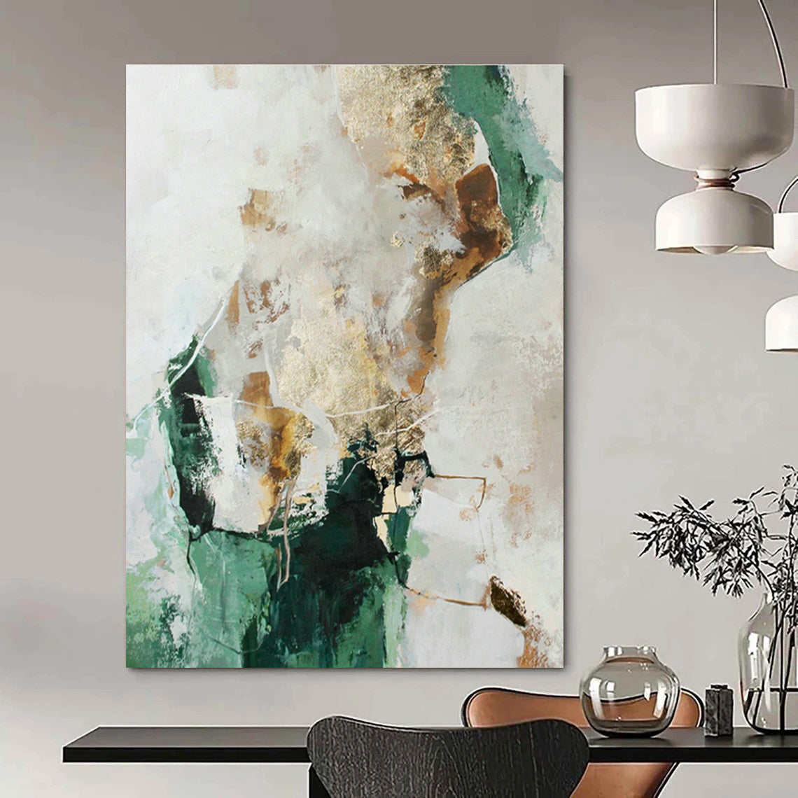 Green and Gold Abstract Art for Botanical Garden Café & Modern Home Library DLZ1015