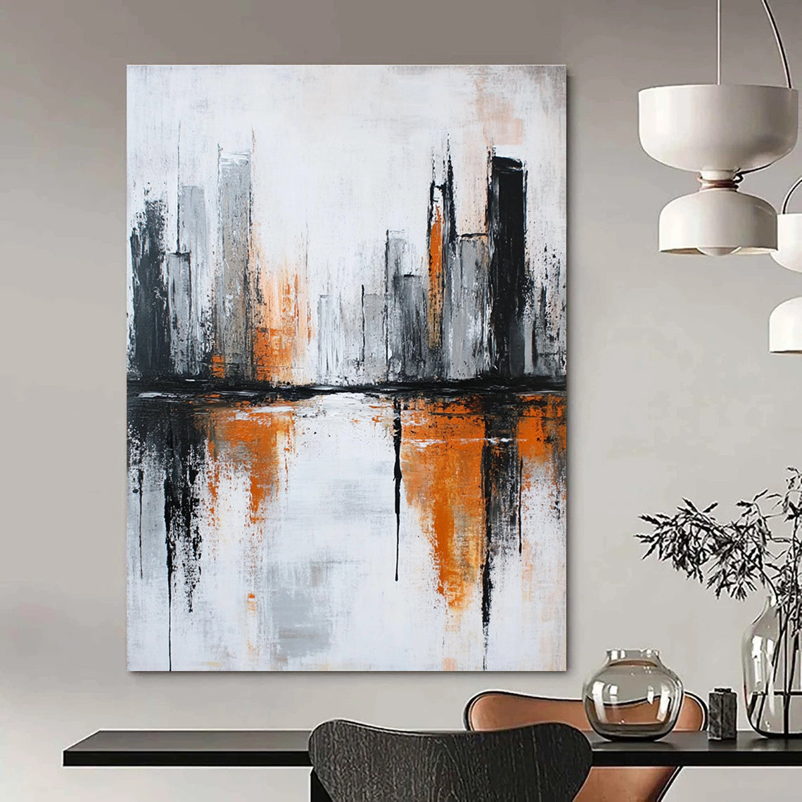 Grey and Orange Cityscape Abstract for Urban Penthouse Living Room & High - End Hotel Lobby STSC406