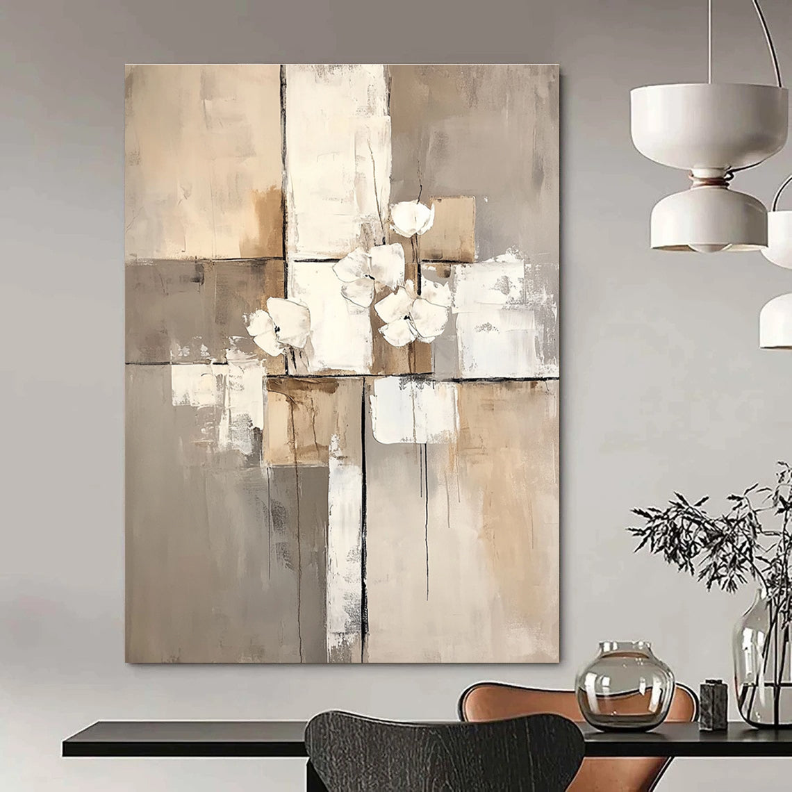 Abstract Flowers in Neutrals for Scandinavian - Style Bedroom & Sophisticated Home Library STSC431