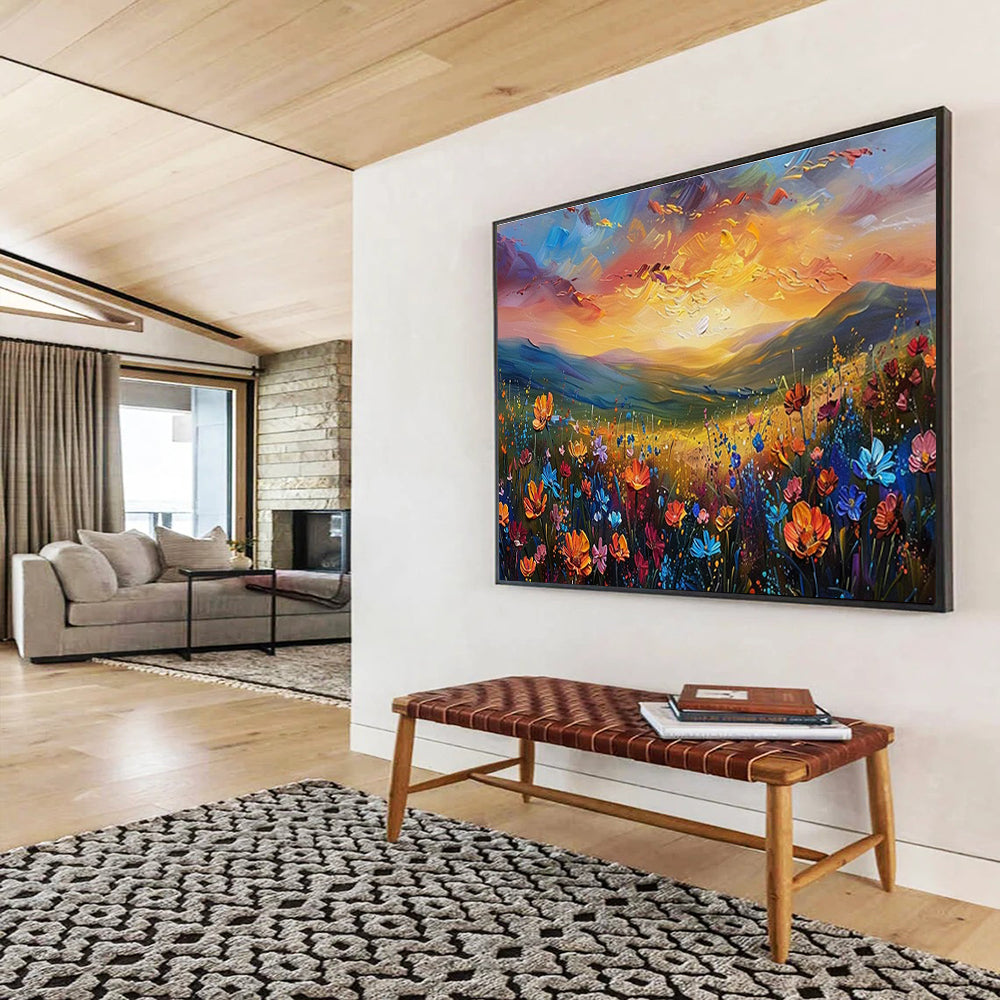 Mountain Flower Field Sunset Art for Adventure - Themed Living Room Fireplaces DLZ3221