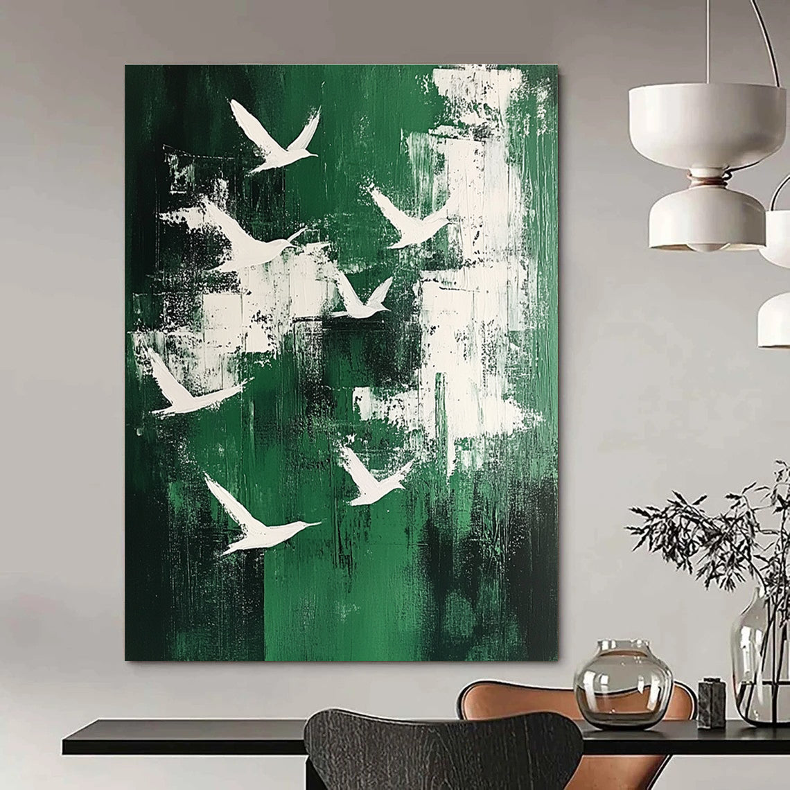 White Birds on Green with Patches for Bohemian - Style Home Office & Cozy Garden - View Nook STSC363
