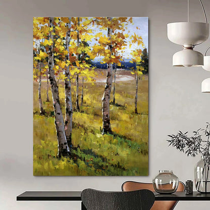 Golden Autumn Birch Forest Oil Painting for Country Cottage & Fall - Themed Café DLZ1291