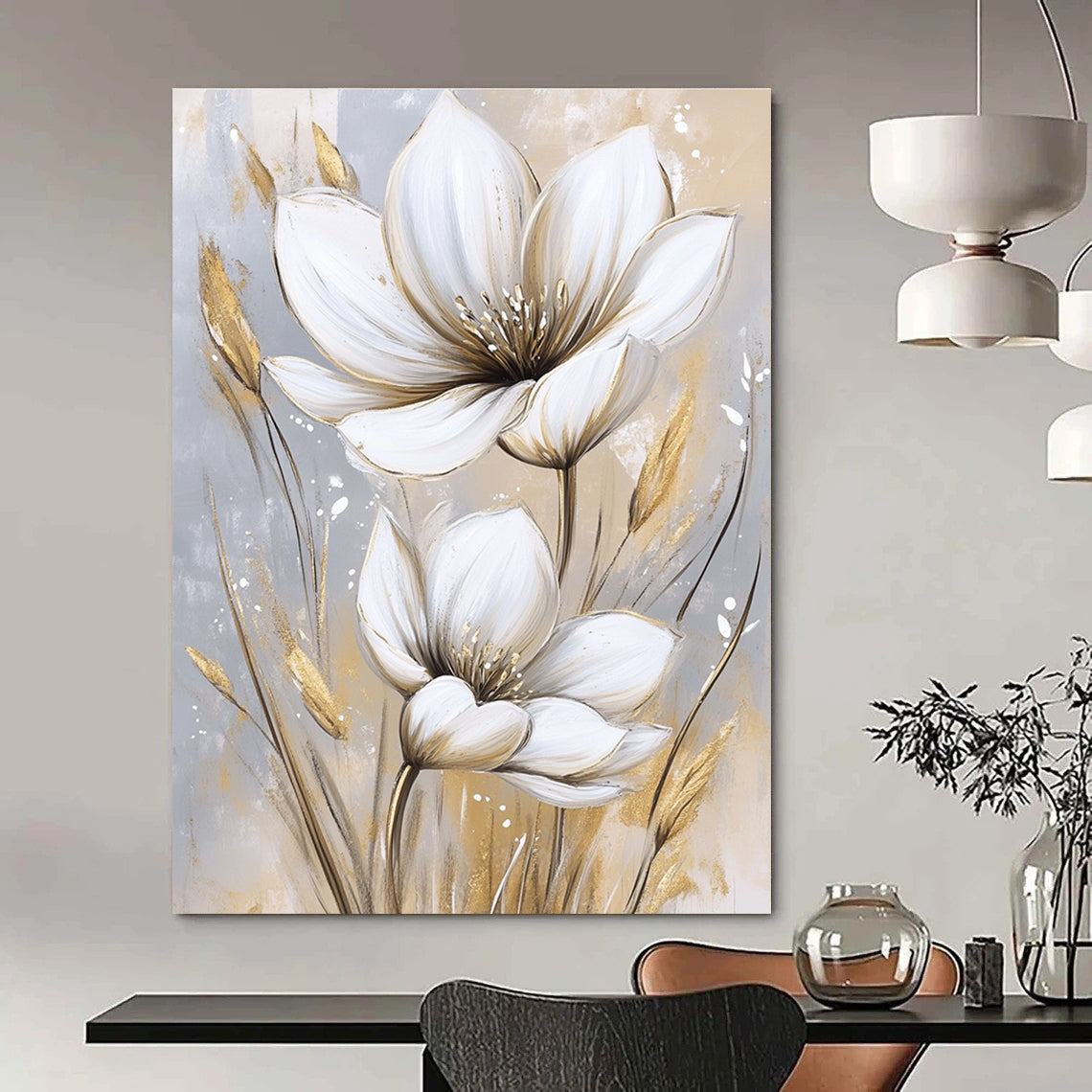 White and Gold Flowers Luxurious Floral Art for High - End Hotel Lobby & Glamorous Home Bedroom STSC1476
