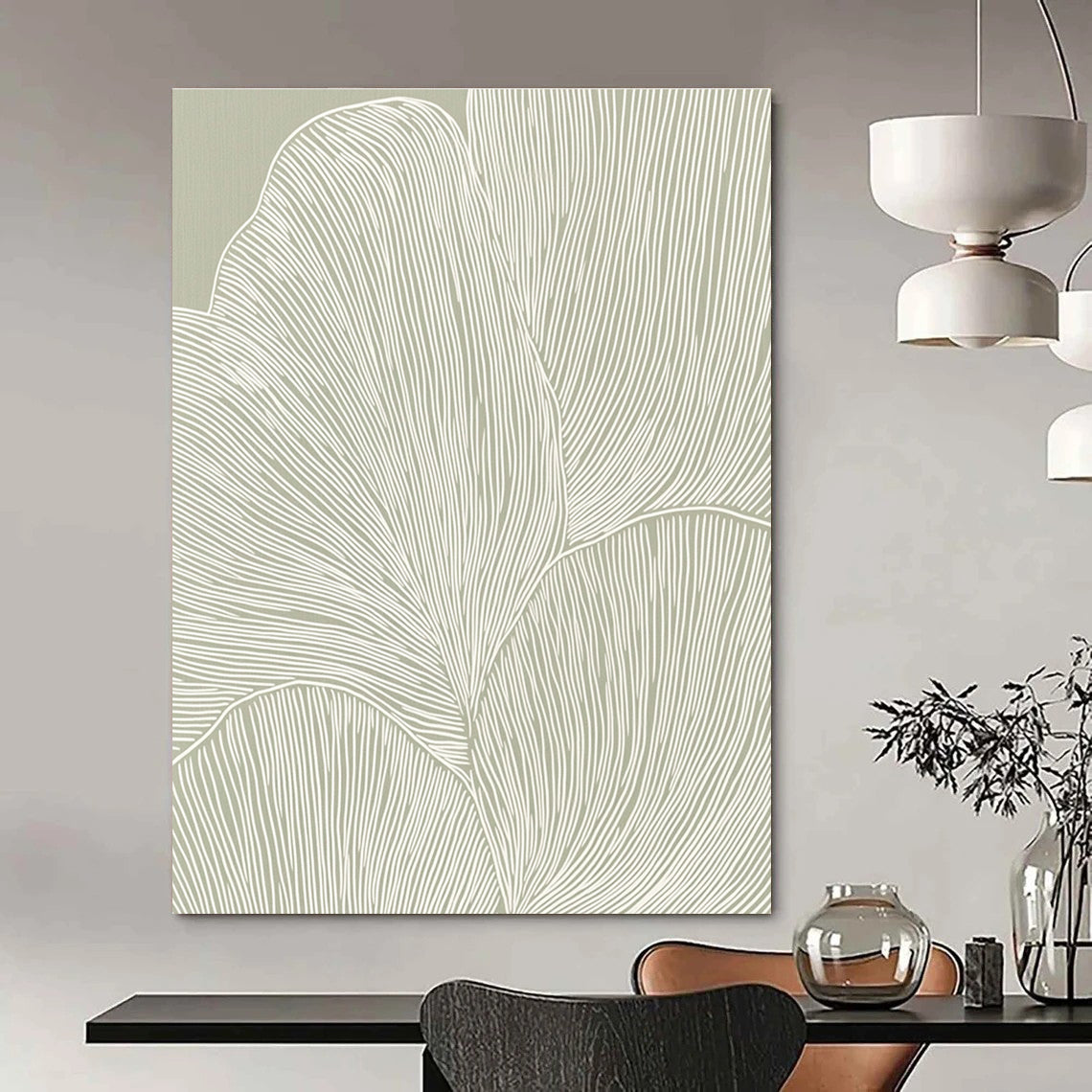 Line - Drawn Leaves on Green Minimalist Botanical Art for Scandinavian - Style Home & Calm Home Office STSC1483