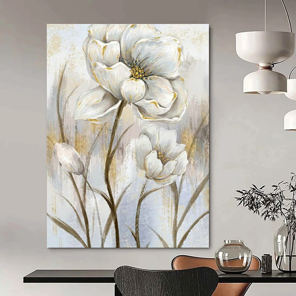 White Flower with Gold Art for Elegant Home Dining Room & Wedding Venue Decor DLZ1536