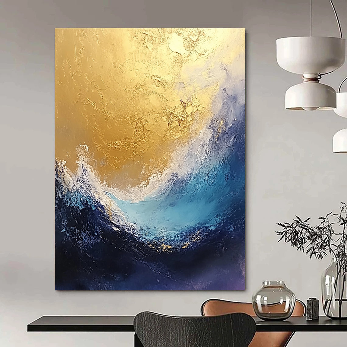 Gold and Blue Abstract Wave 2 for Coastal Resort Spa & High - End Art Gallery STSC334