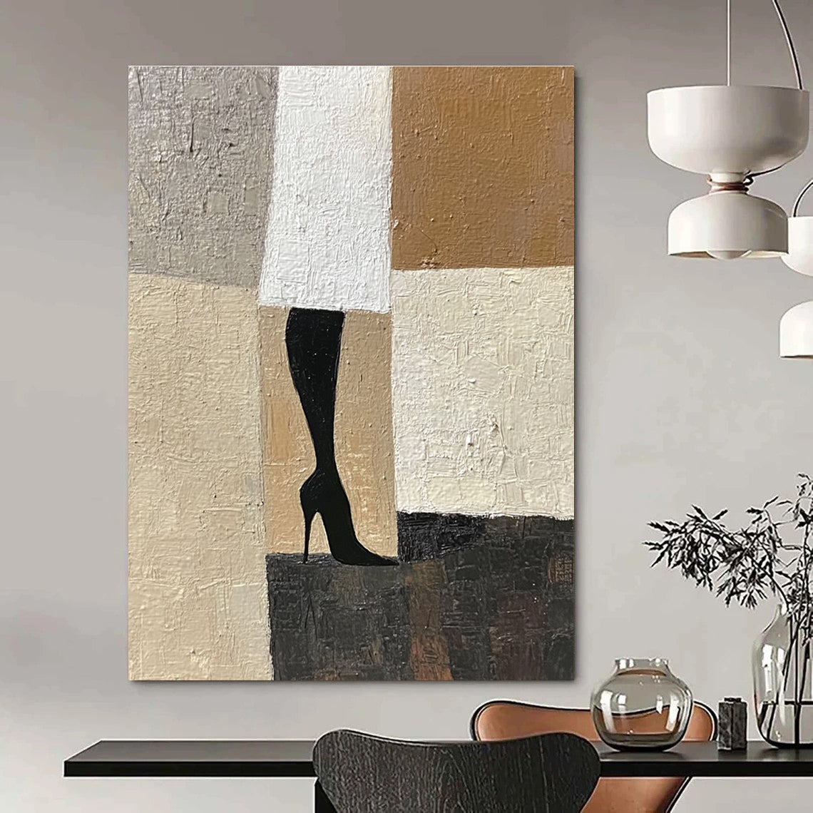 Black High - Heel and Geometric Background Art for Fashion - Themed Boutique & Glamorous Dressing Room STSC1327