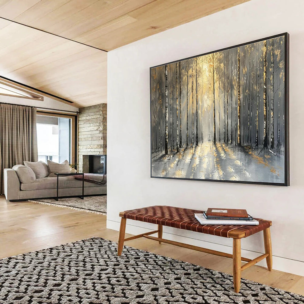 Golden Forest Path Art for Luxury Mountain Chalet Living Areas DLZ3186