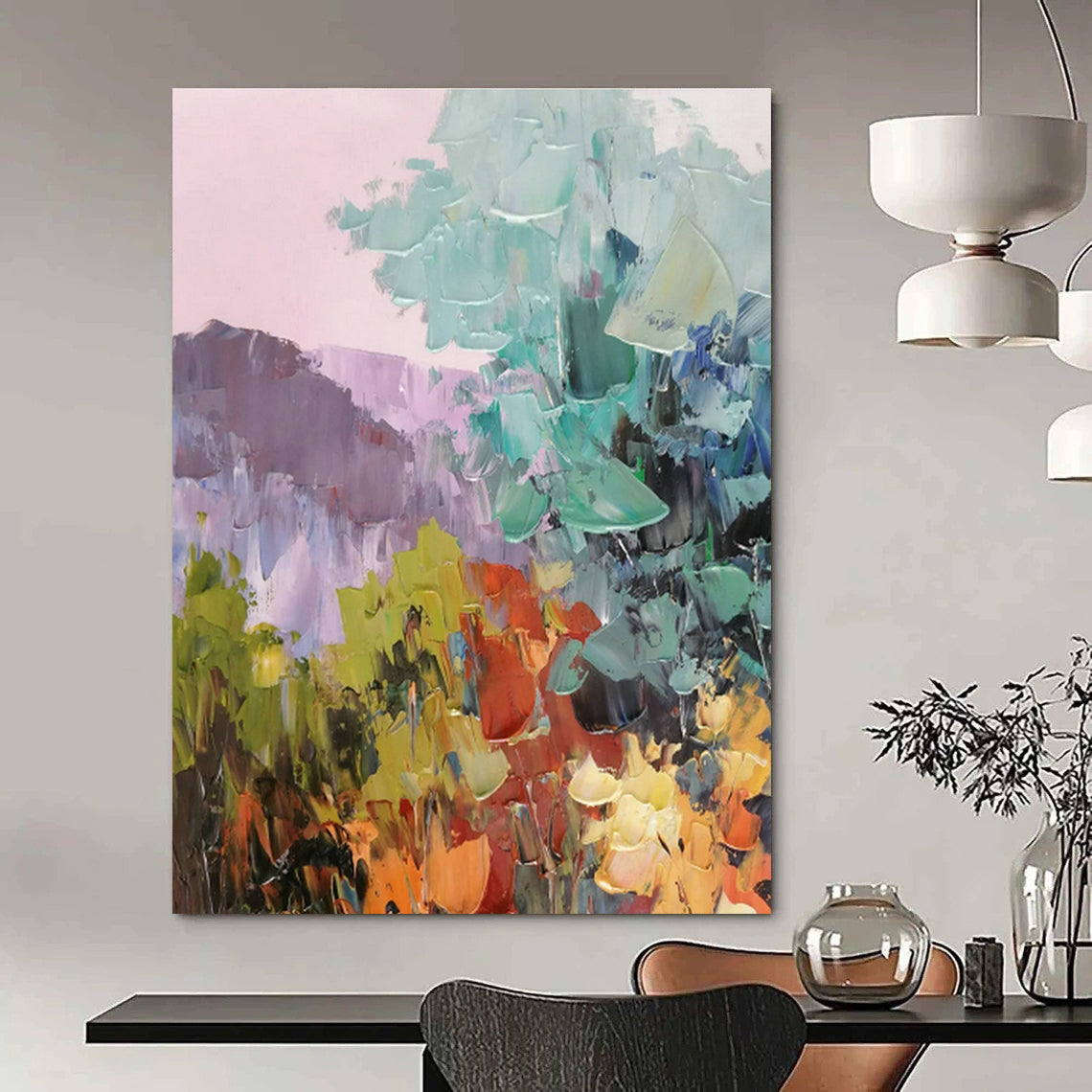 Pink - Purple Landscape Oil Painting for Bohemian Bedroom & Floral Tea Room DLZ1285