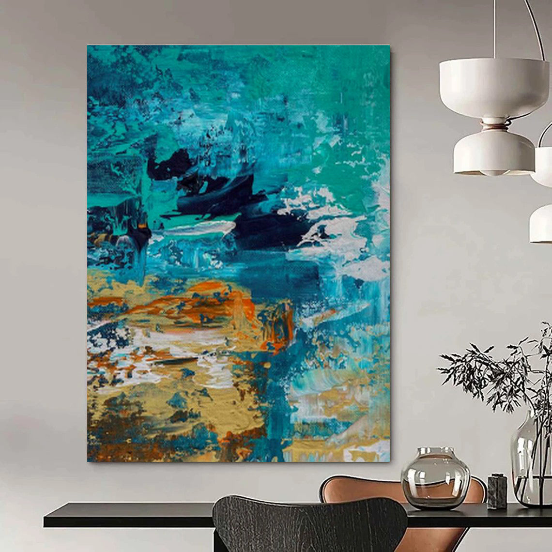 Blue - Orange Abstract Art for Coastal Home Living Room Walls DLZ0035