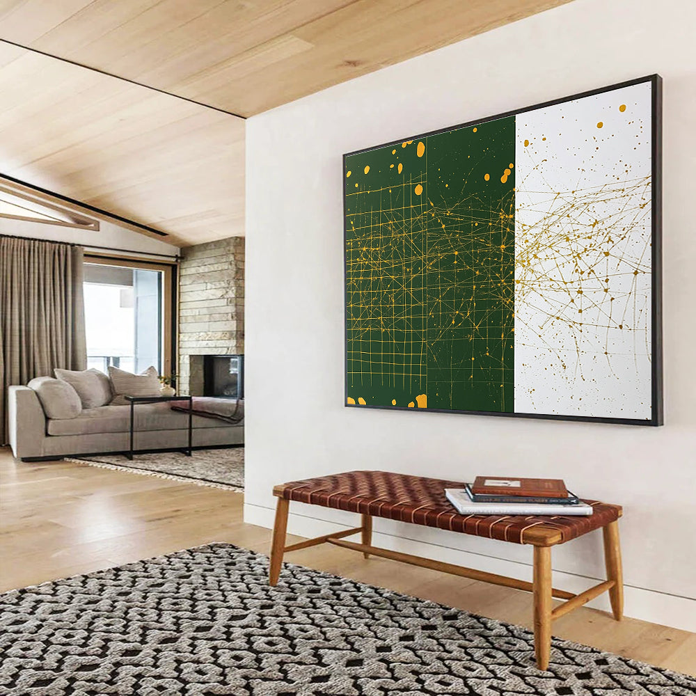 Golden Web on Green & White Art for Modern Art Gallery & Luxury Office Lobby SC471