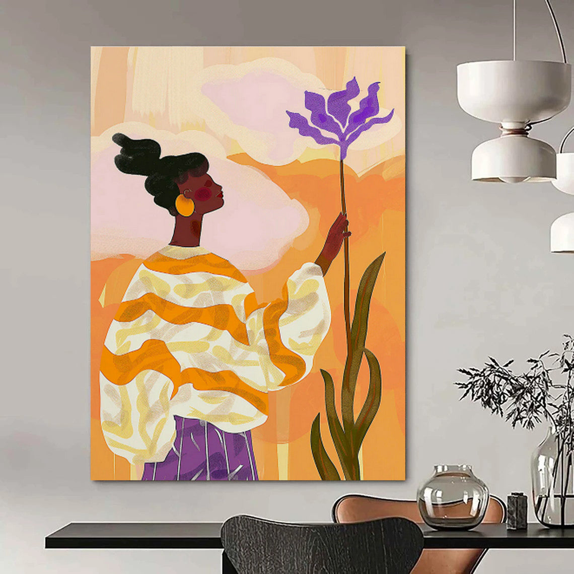Woman with Purple Flower in Orange - Yellow Art for Bohemian Café & Creative Studio DLZ0695