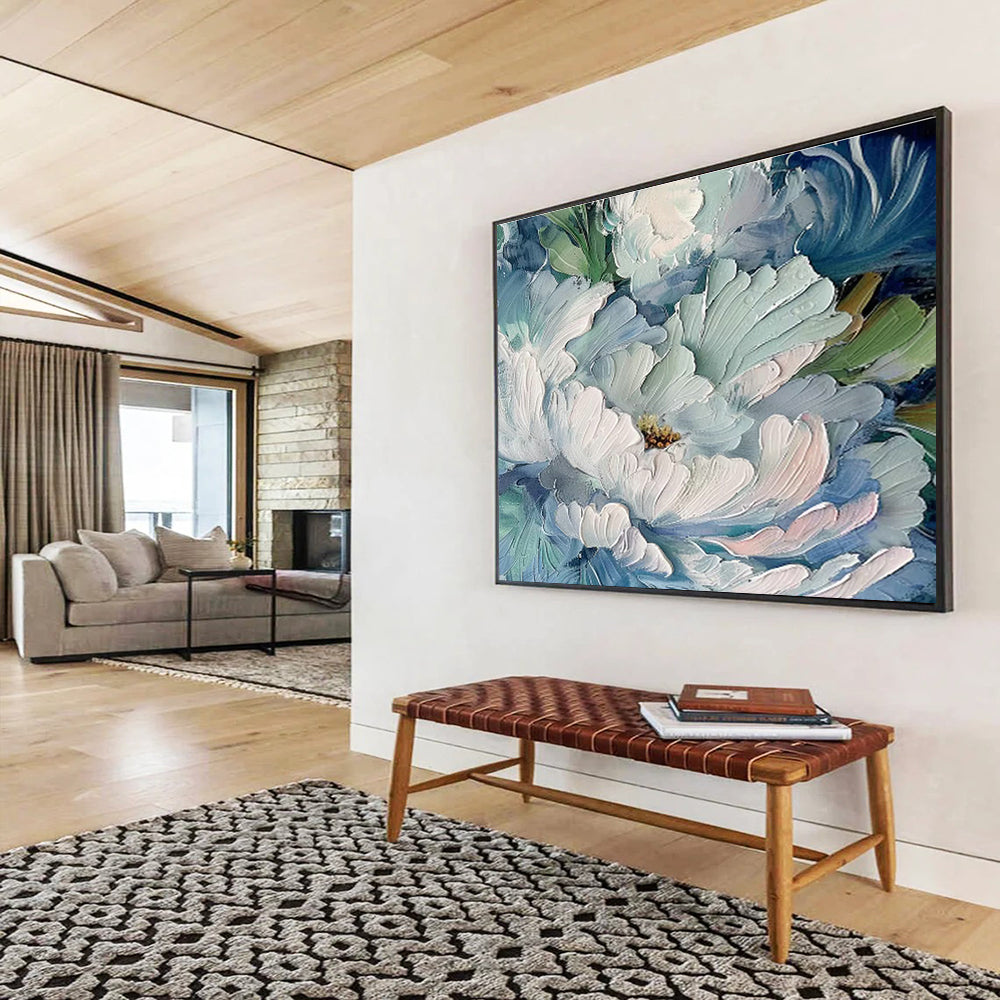 Impasto Blue - White Peony Art for Sophisticated Entryway DLZ3059