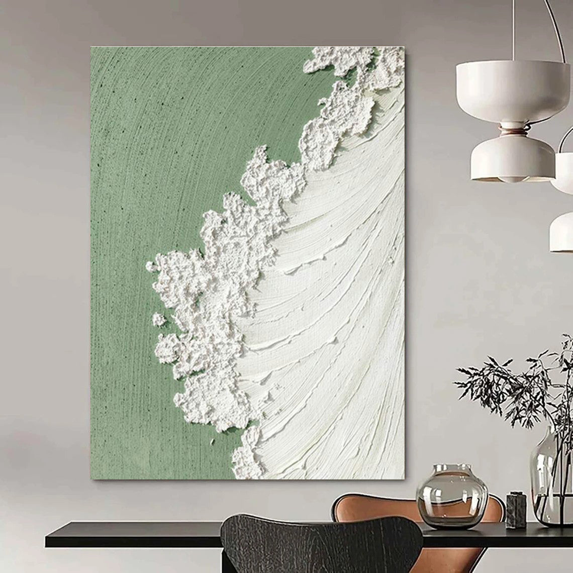 Green and White Textured Edge Art for Scandinavian - Style Café & Contemporary Living Room DLZ2202