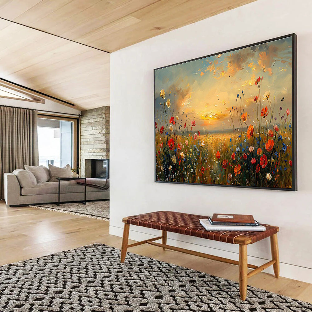 Sunset Flower Field Oil Painting for Romantic Outdoor - Themed Patios DLZ2641