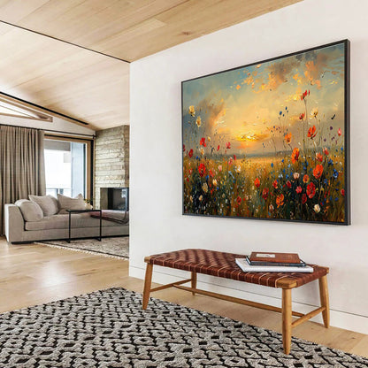Sunset Flower Field Oil Painting for Romantic Outdoor - Themed Patios DLZ2641