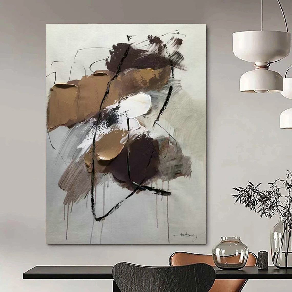 Brown - Black Line Abstract Art for Industrial - style Loft & Art Studio Break Area DLZ0786