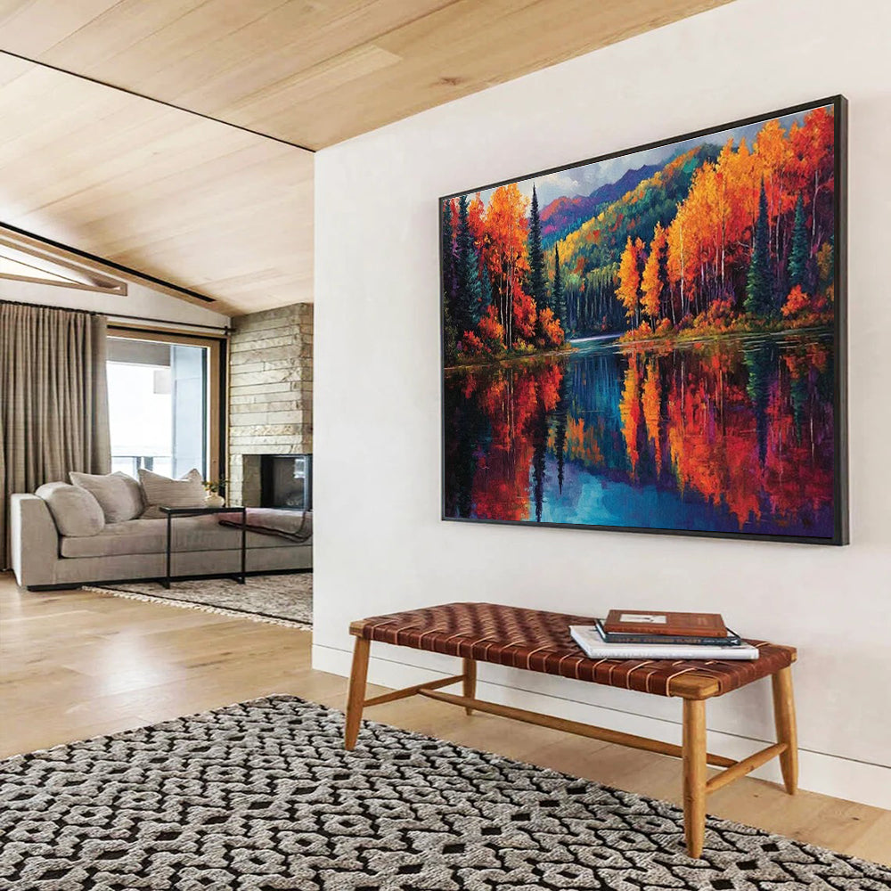 Autumn Lake Reflection Art for Mountain Lodge Living Rooms DLZ3202