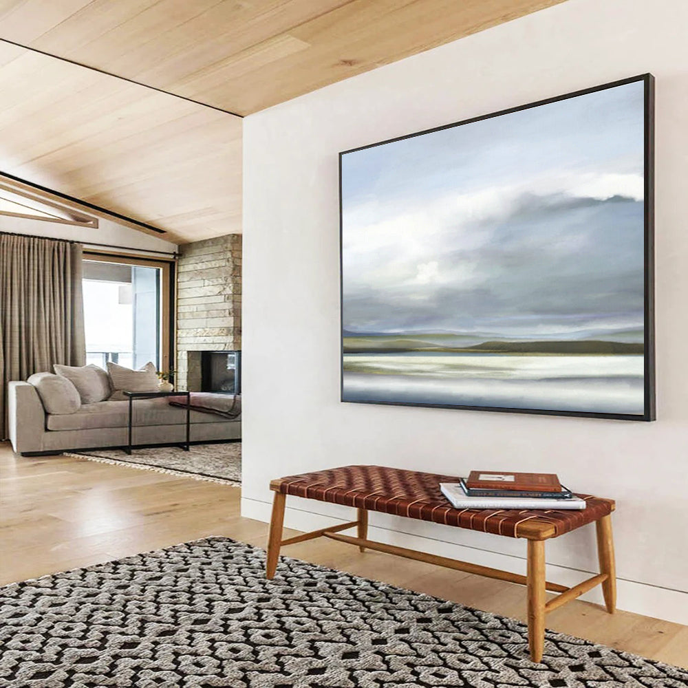 Grey - Blue Lakeside Painting for Serene Living Room DLZ2744