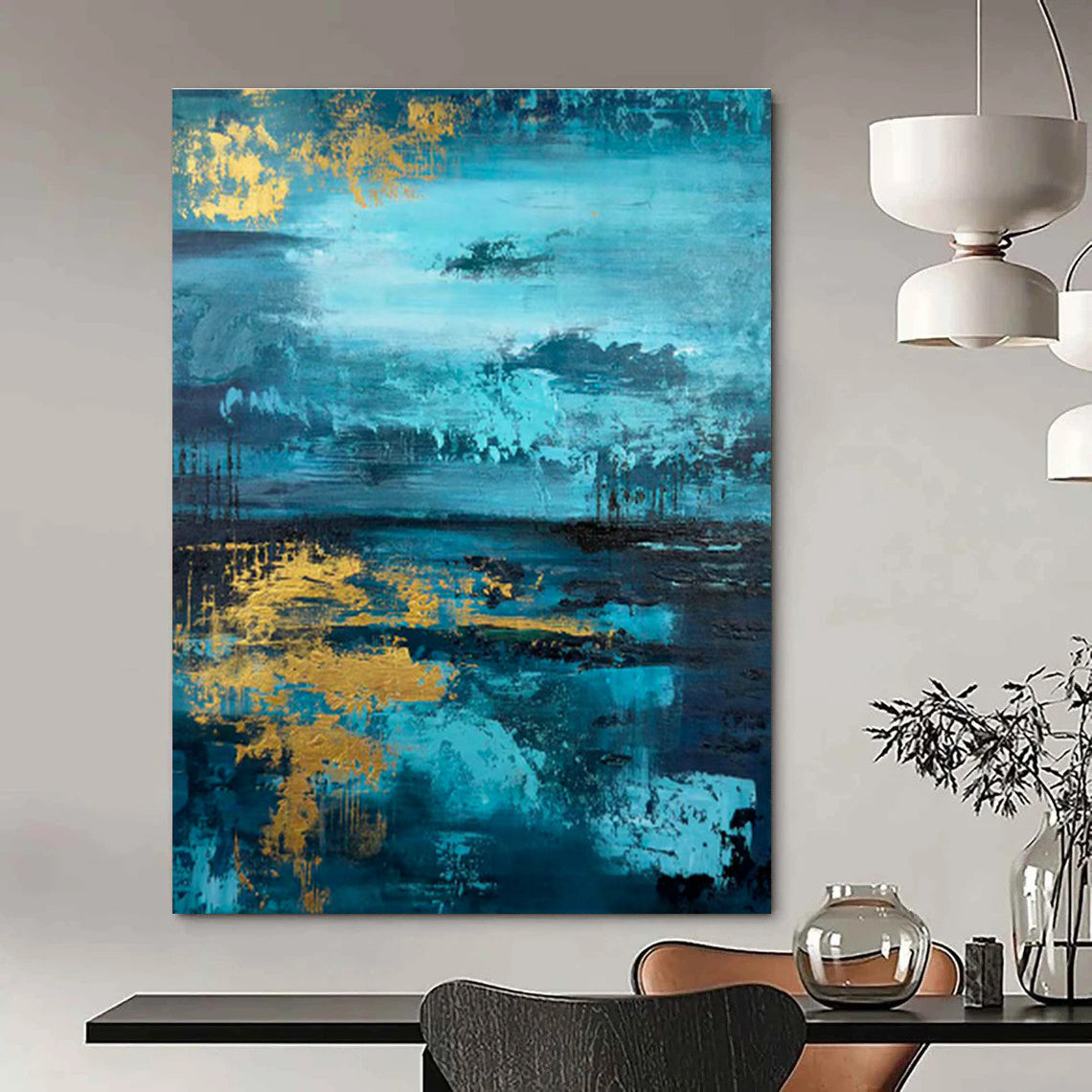 Blue and Gold Waterscape Art for Luxury Living Room & Elegant Hotel Lobby DLZ0740