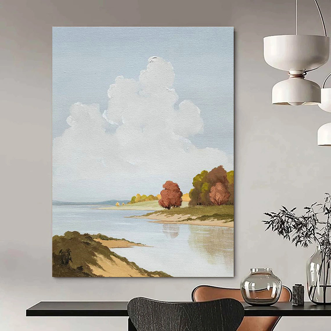 Riverbank Cloudscape Art for Lakeside Home Study & Serene Spa DLZ2136