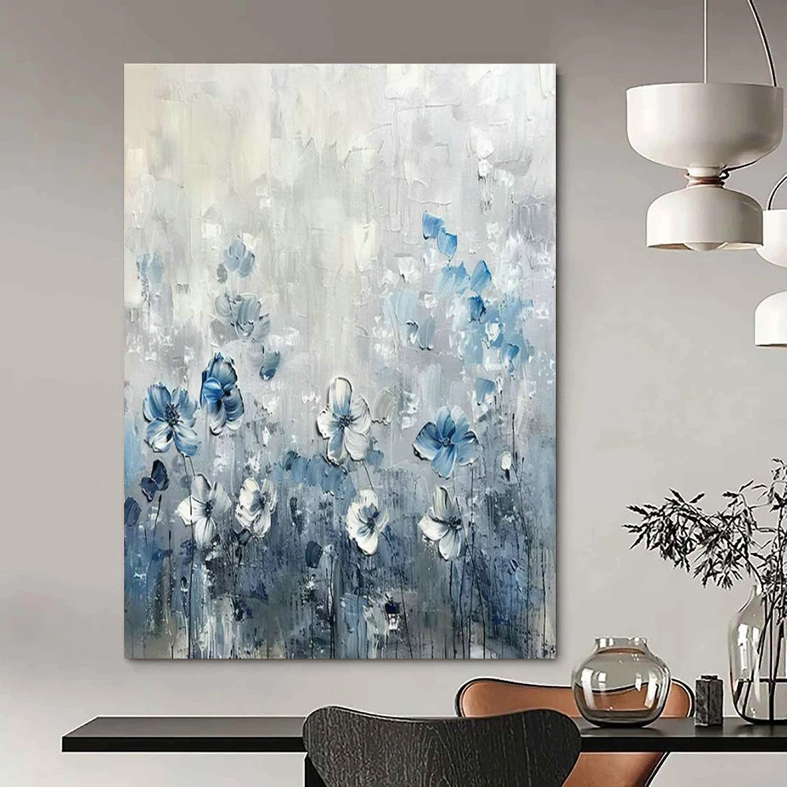 Blue and White Flower Oil Painting for Romantic Bedroom & Floral - Themed Café DLZ1988
