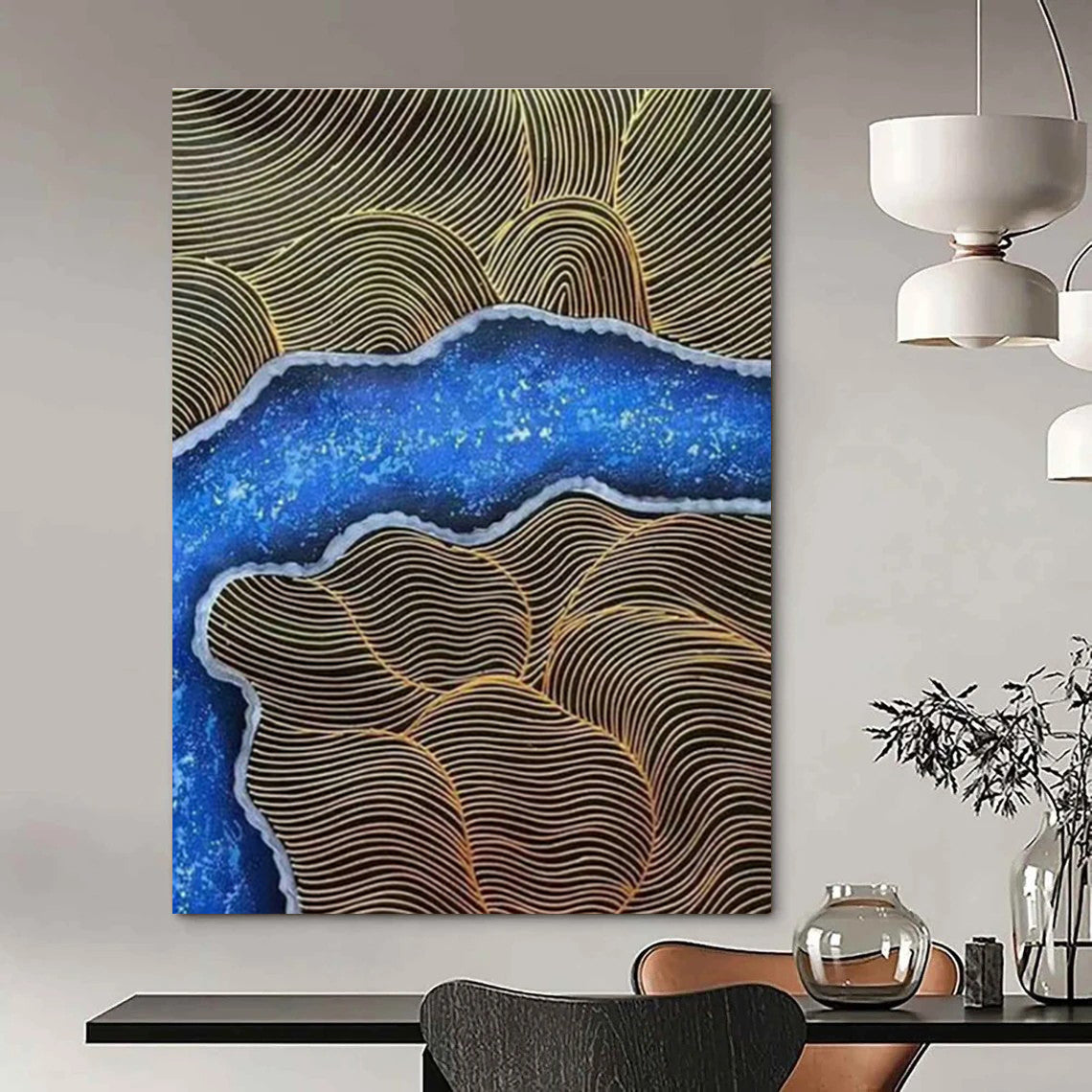 Gold - Line & Blue - Pattern Abstract Art for Luxury Hotel Lobby & Bohemian Bedroom DLZ1352