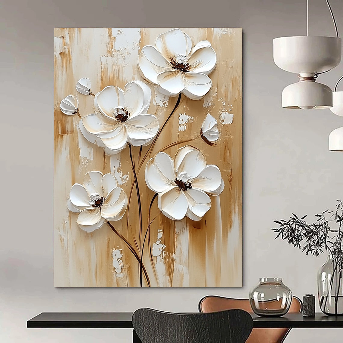3D White Flowers on Wood Rustic Floral Art for Farmhouse - Style Kitchen & Cozy Home Porch STSC1479
