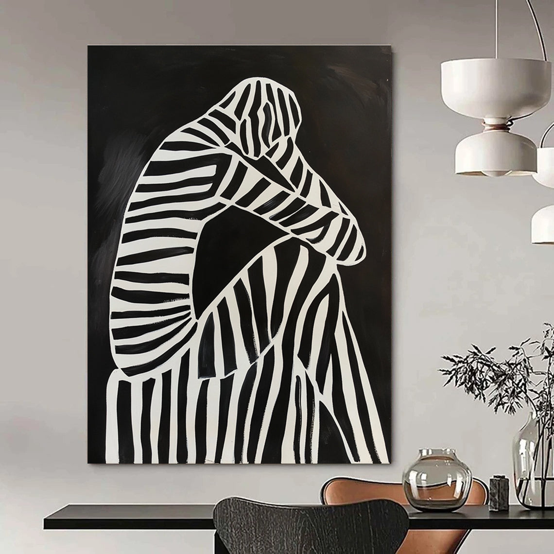 Striped Figure in Sorrow Art for Modern Therapy Space & Contemplative Library STSC1111